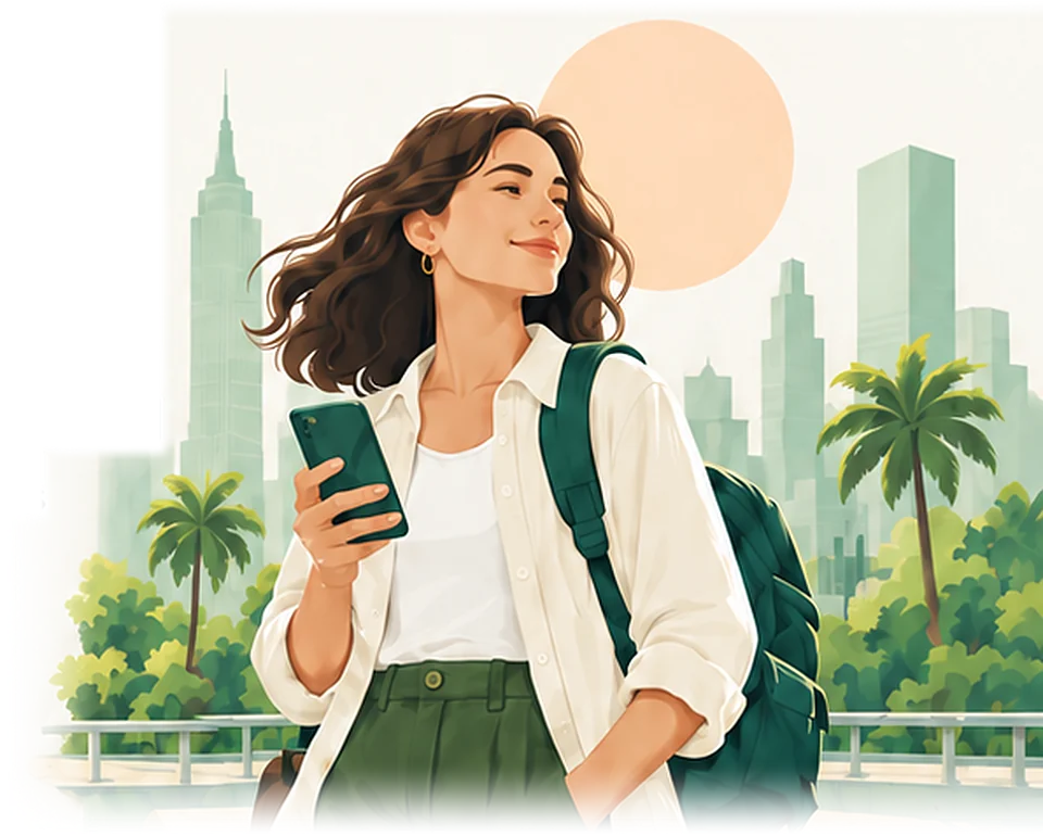 A traveller with a phone, a city skyline behind her